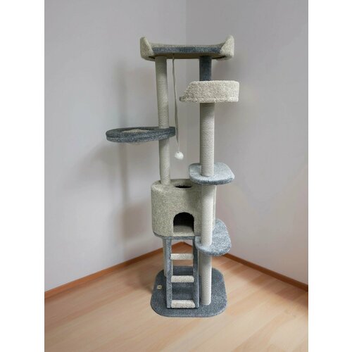 Игровой комплекс-когтеточка для кошек Моя Котя “Тридесятое царство”, цвет бело-бирюзовый, с хлопковым канатом