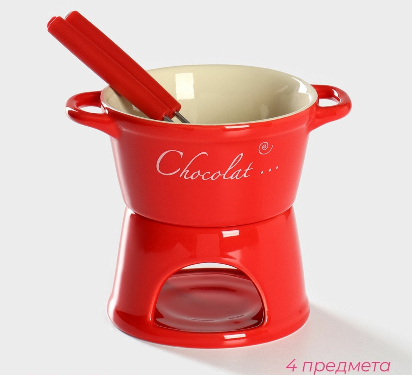 Набор для фондю Лакомка  300 мл 2 шпажки керамика красный