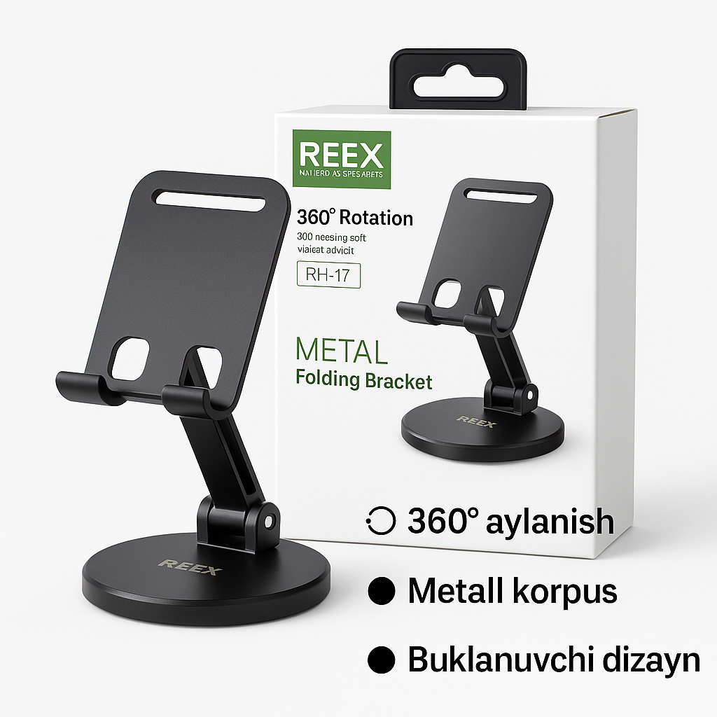 Настольный металлический держатель для телефона REEX RH-17 — складной, вращающийся на 360°, прочный корпус