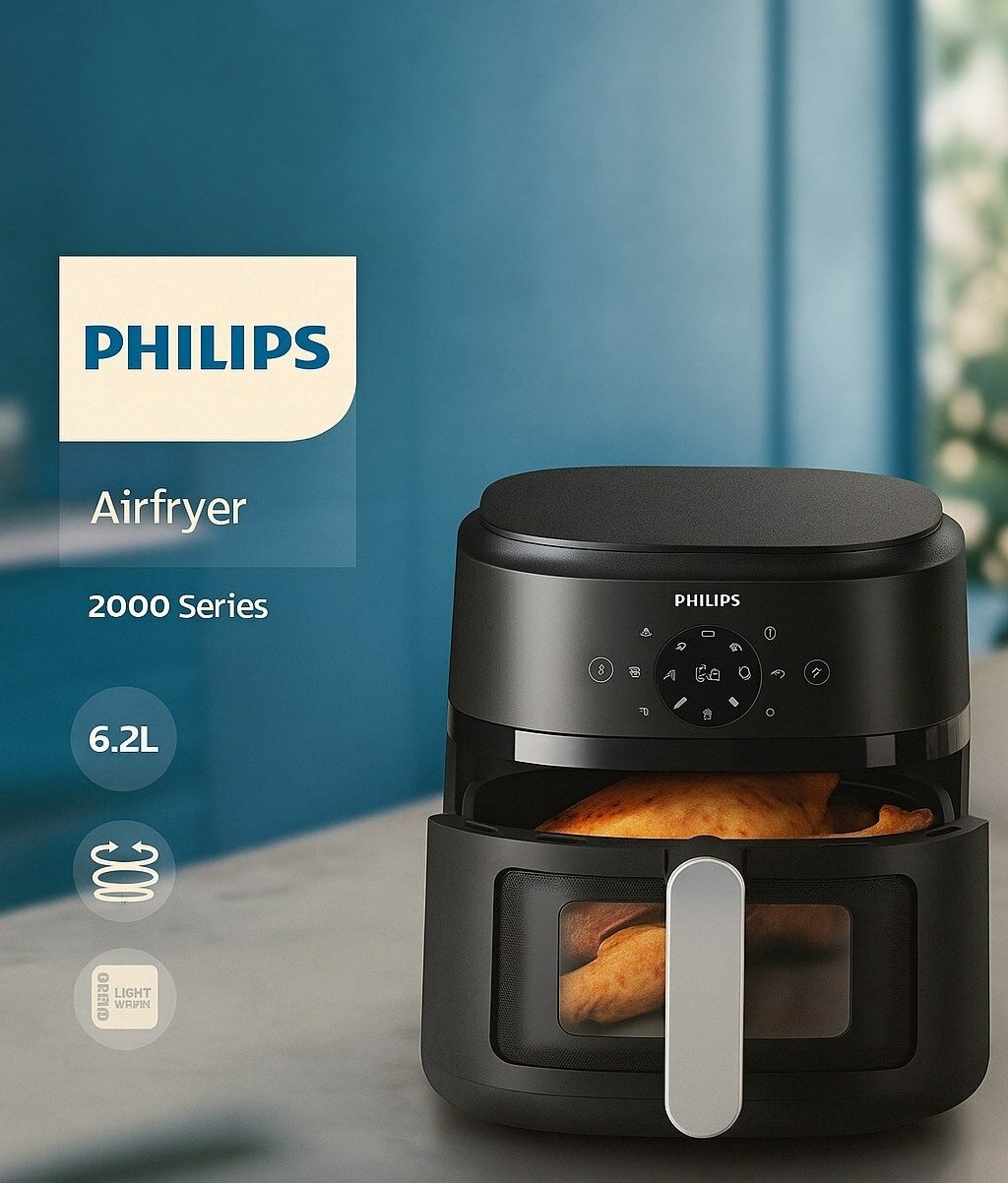 Аэрогриль PHiLiPS объемом 6,2 л - 1700 Вт. Цифровой сенсорный экран, 13 программ, до 90% обезжиривания