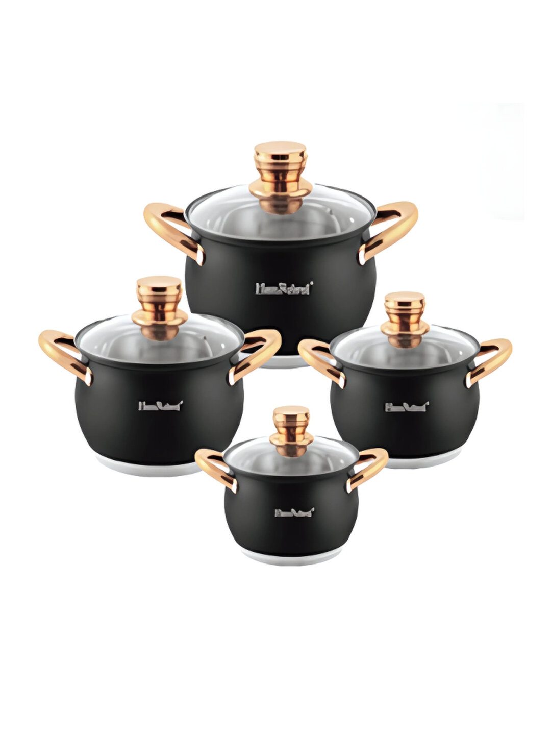 Набор кастрюль HausRoland, 4 предмета, черный цвет, золотые ручки, стеклянные крышки - Золотистый хаки