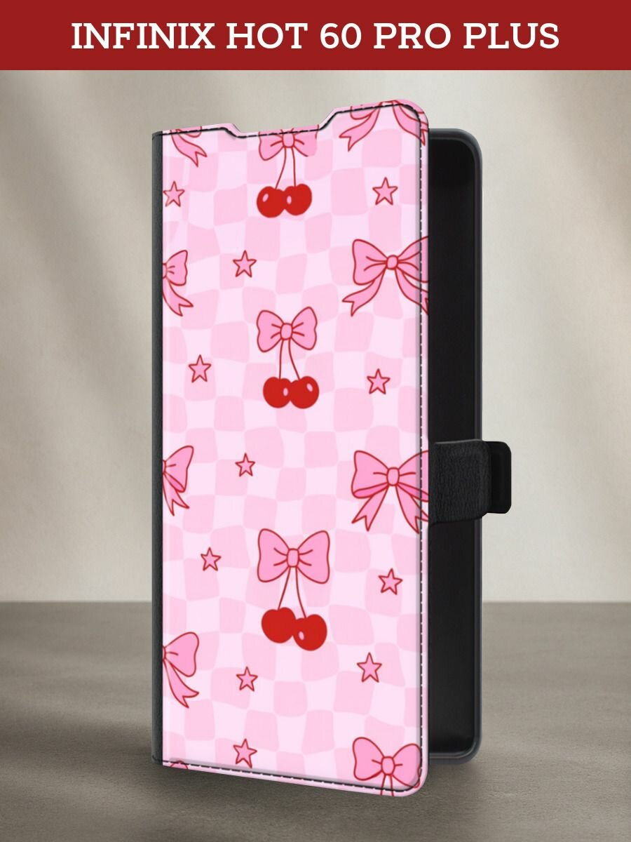 Чехол-книжка на Infinix Hot 60 Pro / Инфиникс Хот 60 Про с рисунком Вишенки и бантики, черный