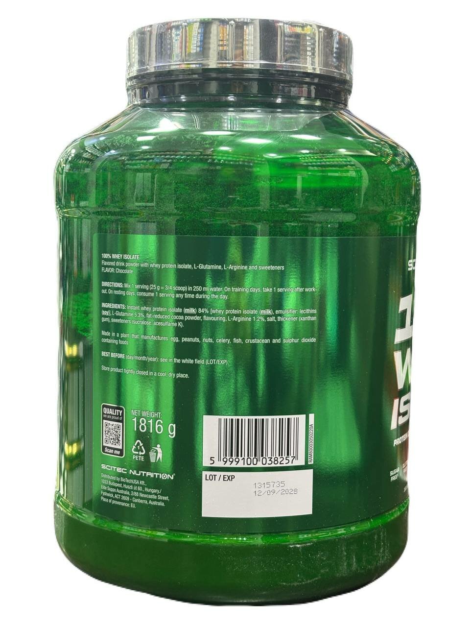 Протеин Scitec Nutrition "Whey Isolate", изолят, шоколад, без сахара, 1,8 кг — фото 1