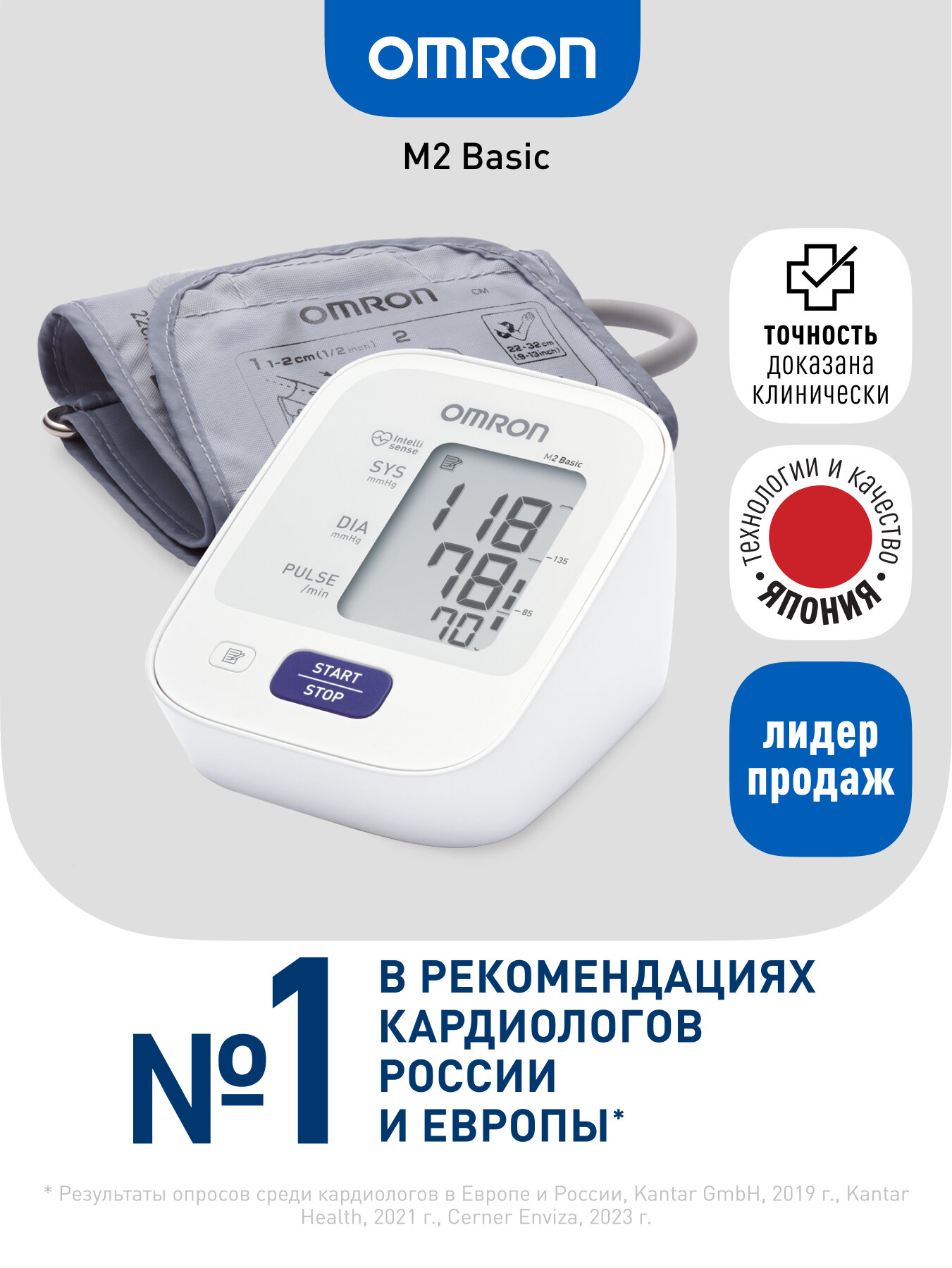 Тонометр Omron M2 Basic на батарейках АА веерообразная манжета с индикатором аритмии