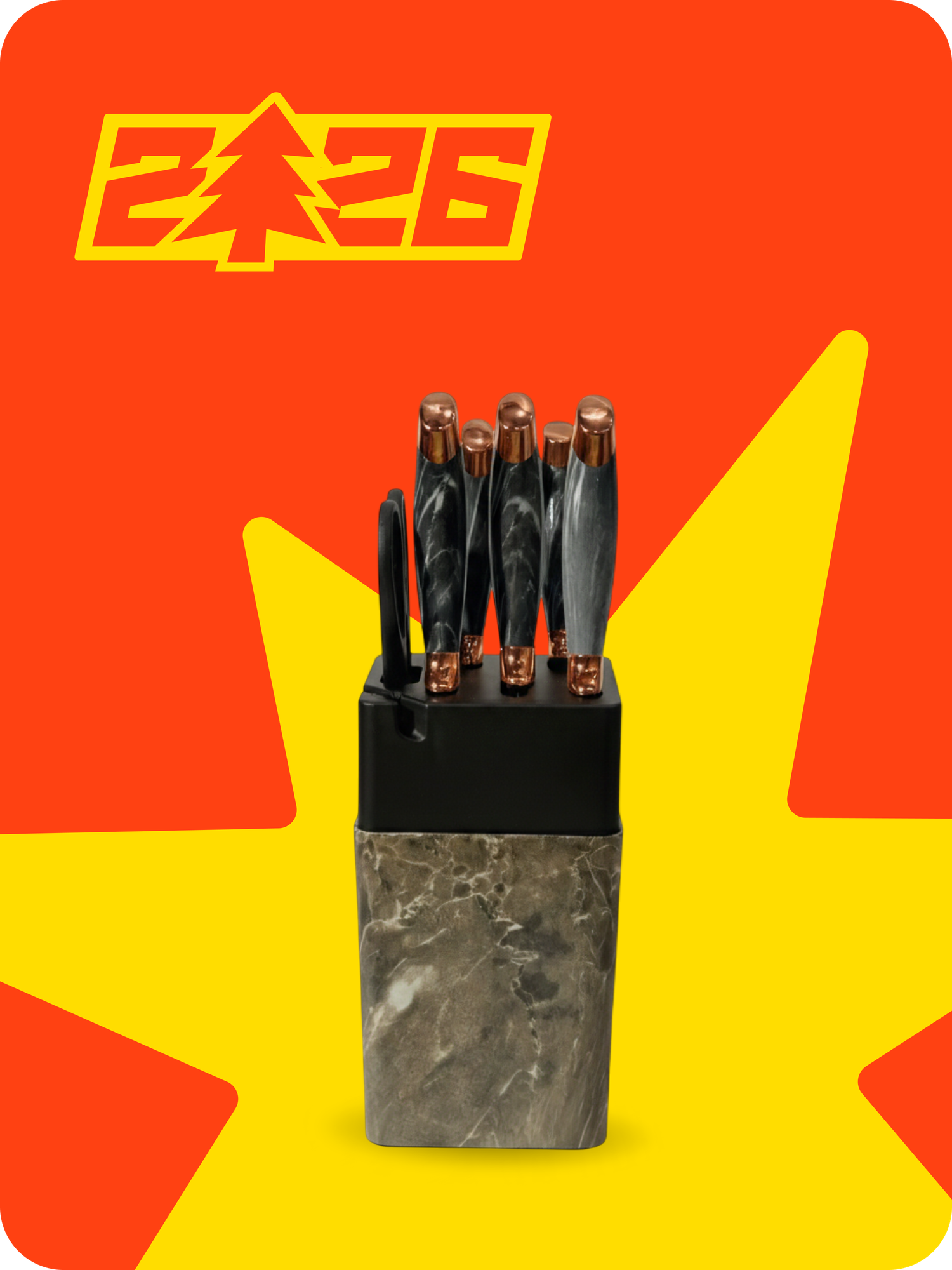 Набор кухонных ножей 6 предметов с подставкой, мраморный дизайн, нержавеющая сталь