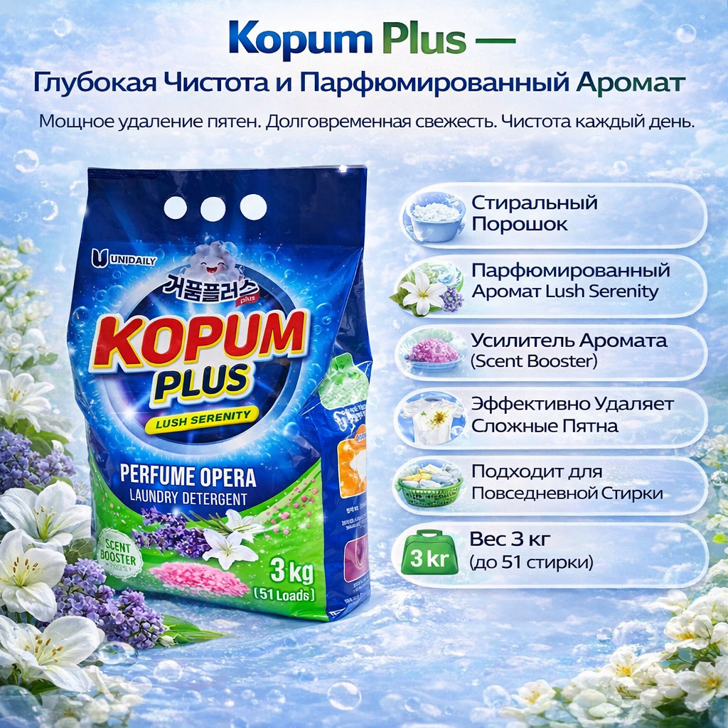 Стиральный порошок Kopum Plus, 3 кг, бергамот, для машинной стирки