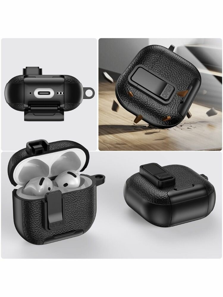 Чехол для наушников Airpods 4 ANC, противоударный, с кронштейном, Классический узор из кожи, c карабином премиум / Чехол для Аирподс 4