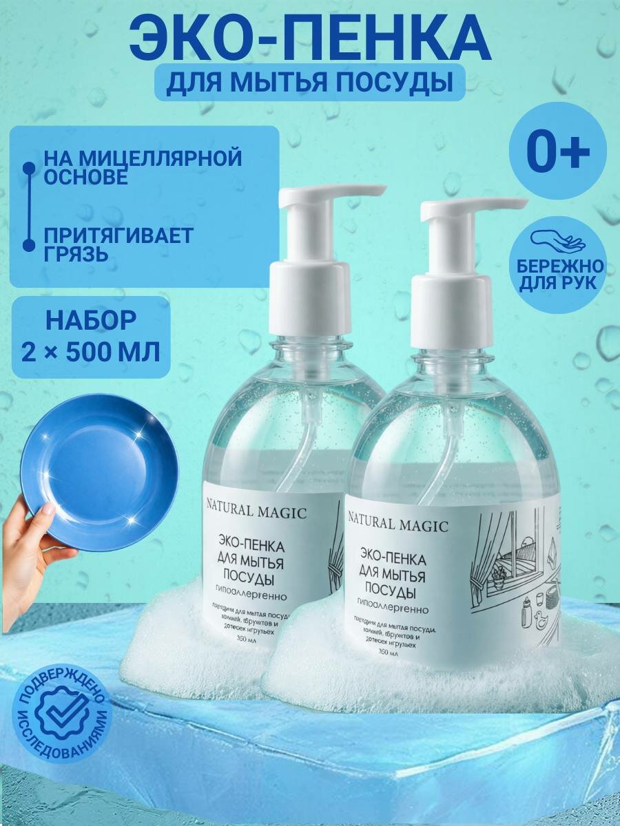 Средство для мытья посуды, овощей и фруктов, Эко моющая пенка для детской посуды и игрушек 2*500мл, гипоаллергенный