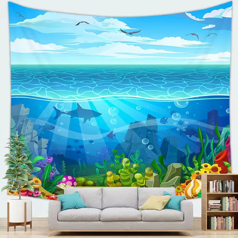 Океанические животные: коврик-штора для детской комнаты, 200x150 см, флис, с крепежом