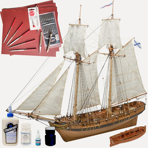 Изображение товара Сборная модель корабля "Шхуна Полоцк" со шлюпкой, 320 часов, М.1:72, набор с инструментами, красками, лаком и клеем