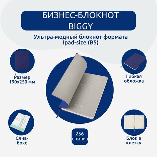 Бизнес-блокнот Biggy B5 формат синий серый форзац мягкая обложка в клетку 1072₽