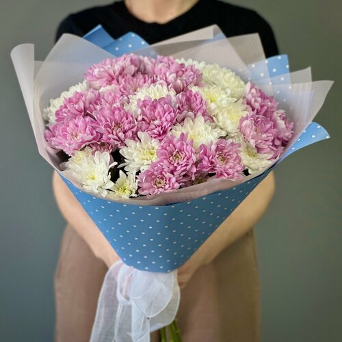 Изображение товара Букет из 11 нежных кустовых хризантем в стильной упаковке. «365 Поводов» - живые цветы с доставкой