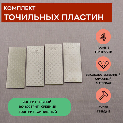 Комплект точильных алмазных пластин 200, 400, 800, 1200 грит, SKATA