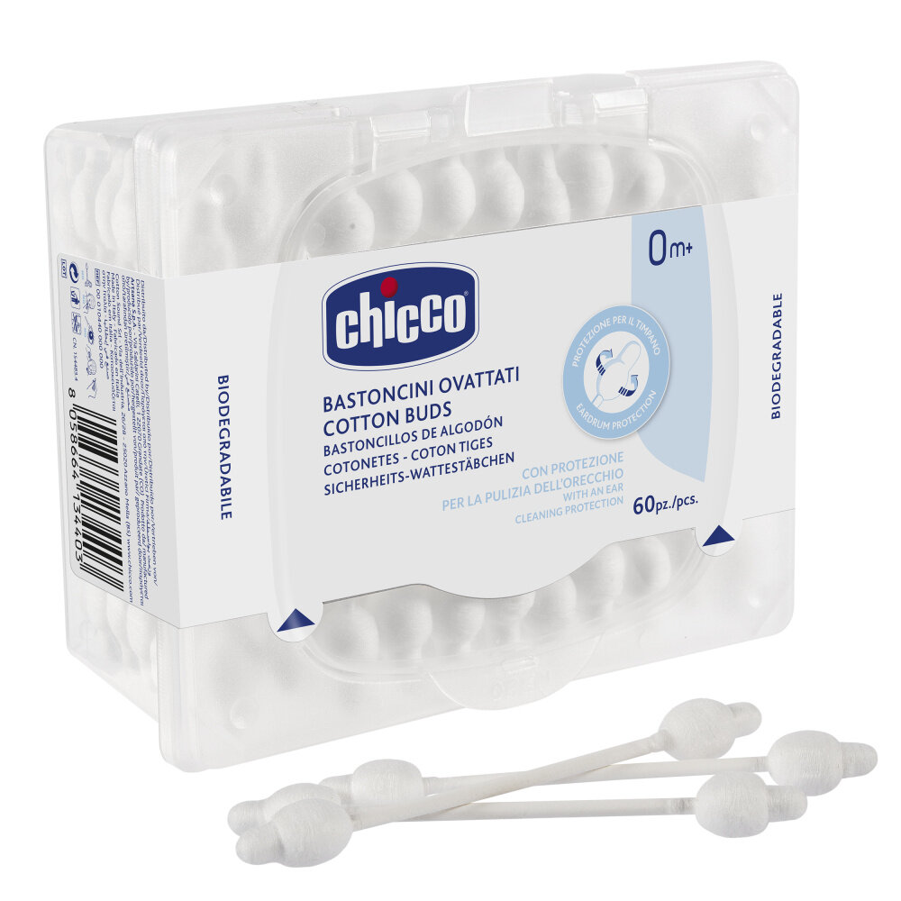 Изображение Ватные палочки Chicco, с ограничителем, 100% хлопок, для новорожденных, 60шт, белые
