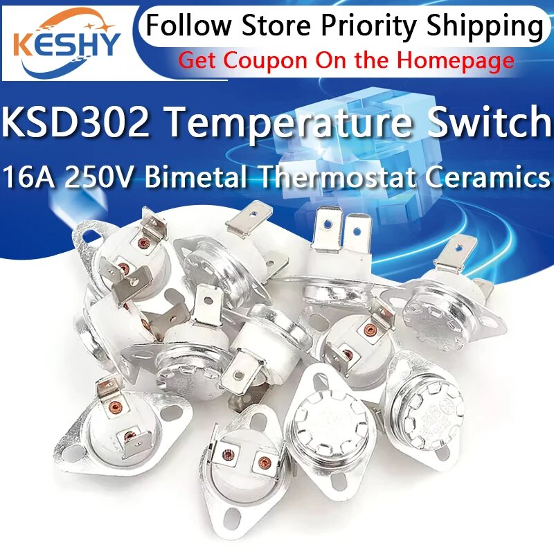 Биметаллический термостат KSD302 16A 250В 40-180°C нормально открытый, 5PCS, 40C, Нормально закрытый