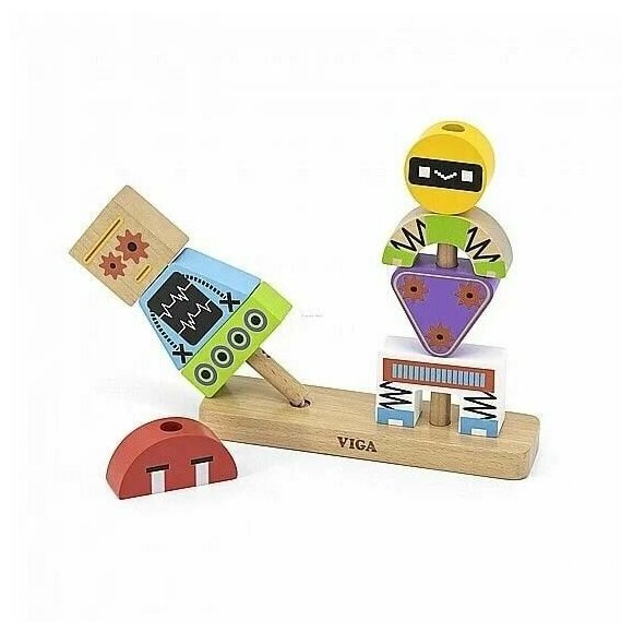 Блочный 3D-пазл Viga Toys Пирамидка Роботы 8 деталей и 10 двусторонних карточек с вариантами сборки, 44652 - фотография № 4