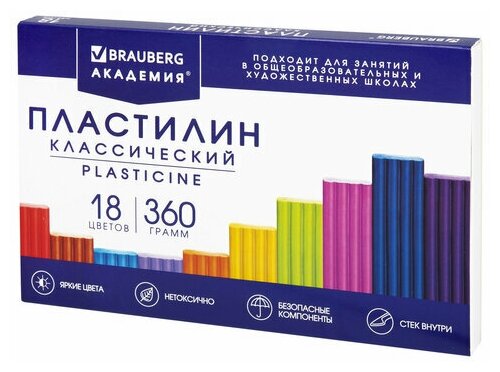 Пластилин классический BRAUBERG "академия классическая", 18 цветов, 360 г, со стеком, 106509