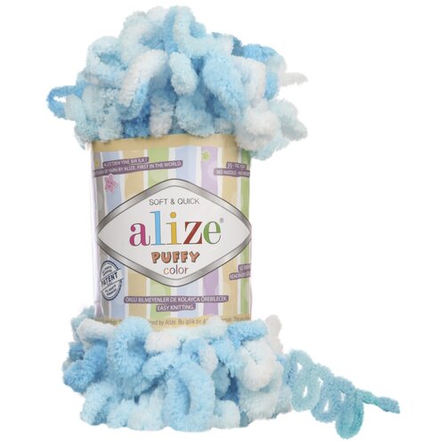 Плюшевая пряжа Alize Puffy Color (Ализе Пуффи Колор) - 2 мотка 5924 голубой, для вязания руками, большие петли (4см), 9м/100г пряжа плюшевая alize puffy ализе пуффи 2 мотка 673 бежевый голубь для вязания руками гипоаллергенная большие петли 4см 9м 100г