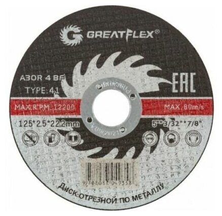 Диск отрезной по металлу GREATFLEX Т41-125 х 2.5 х 22.2 мм класс Master | код 40014т | FIT (2шт. в упак.)