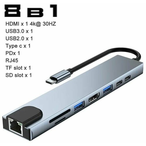 Хаб USB type-C адаптер-переходник GP Professional 8 в 1 HDMI 4K RJ45 MicroSD USBx2 TypeC Power Delivery 87W для macbook для ноутбука 1699₽