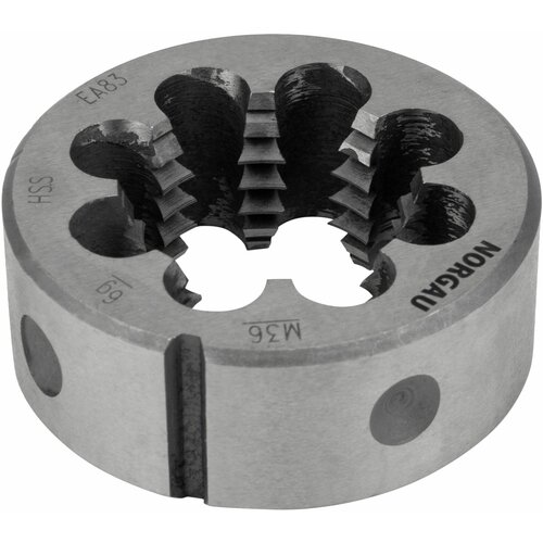 Плашка М36х4 мм с поднутрением NORGAU Industrial метрическая, для нарезания резьбы с крупным углом профиля 60, по DIN223, HSS, диаметр 65 мм плашка для нарезания резьбы unf 7 8х14 дюйма norgau industrial с мелким шагом профиль 60 по din223 hss диаметр 55 мм