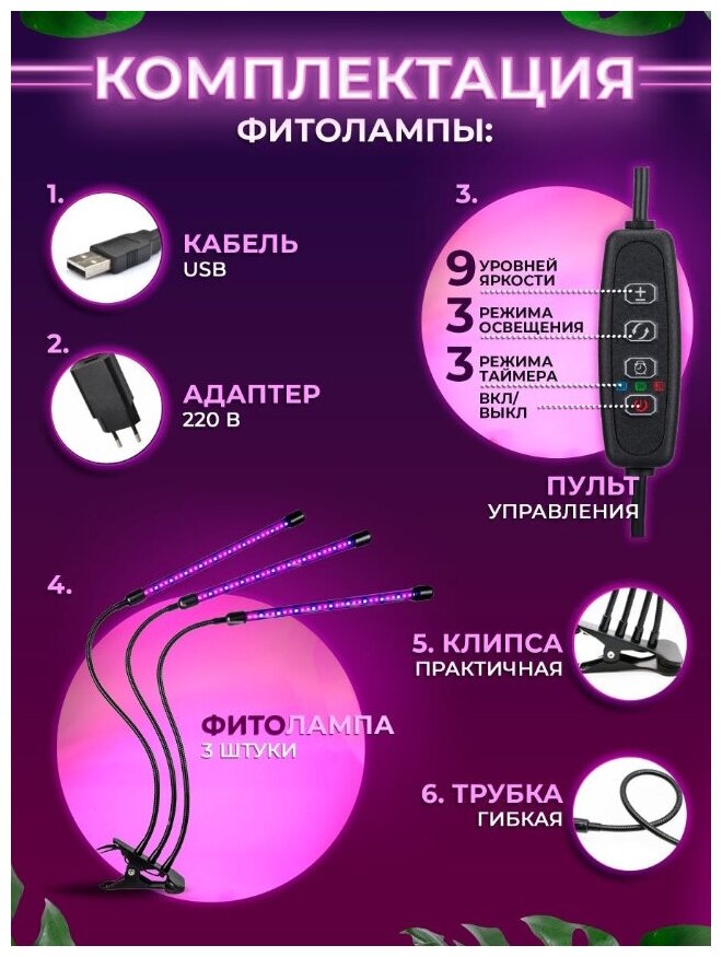 Фитолампа для растений и рассады на прищепке полного спектра 3 лампы - фотография № 4