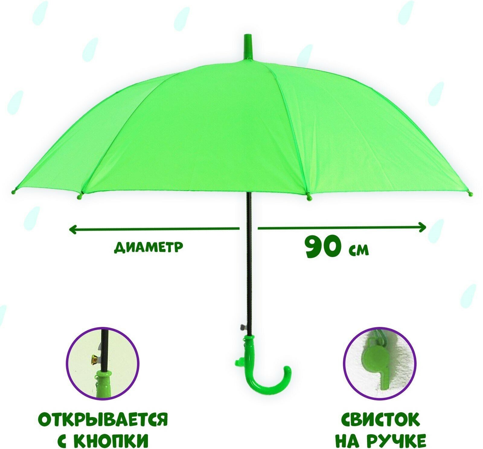 Зонт детский полуавтоматический d=86см, цвет зелёный