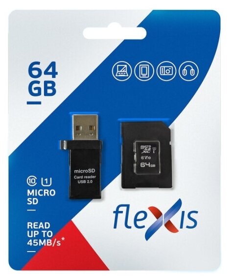 Карта памяти 64Gb - Flexis Micro Secure Digital XC Cl10 U1 FX64GMSDXCU1 c адаптером и USB картридером (Оригинальная!)