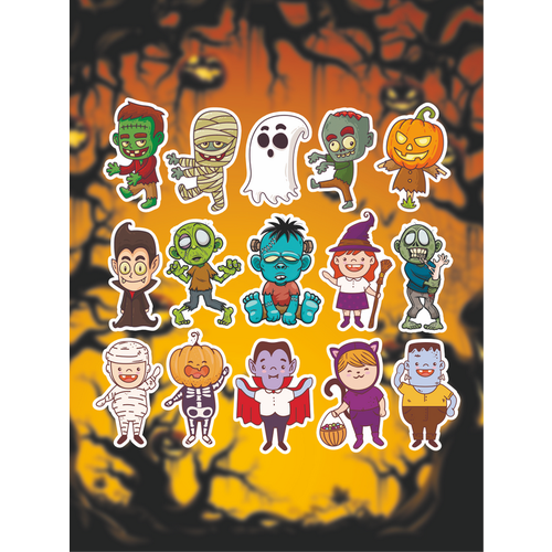 Наклейки стикеры  Хеллоуин персонажи / halloween / Зомби Вампир Ведьма 