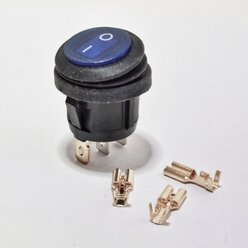 Выключатель клавишный круглый влагозащита подсветка 250V 6А (3с) ON-OFF синий (комплект с клеммами и термоусадкой)