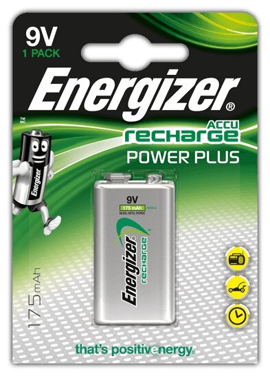 Аккумулятор Ni-Mh 175 мА·ч 9 В Energizer Accu Recharge Power Plus 9V Крона, в упаковке: 1 шт.