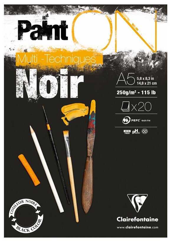 Альбом для смешанных техник 20л, А5, на склейке Clairefontaine «Paint'ON Noir», 250г/м2, черная