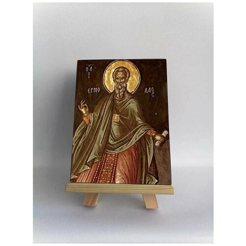 Освященная икона на дереве ручной работы - Ермолай Никомидийский, 15х20х1,8 см, арт А194