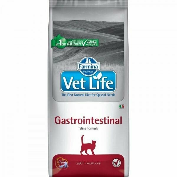 Сухой корм для взрослых кошек Farmina Vet Life GastroIntestinal, при заболеваниях желудочно-кишечного тракта (ЖКТ),2 кг