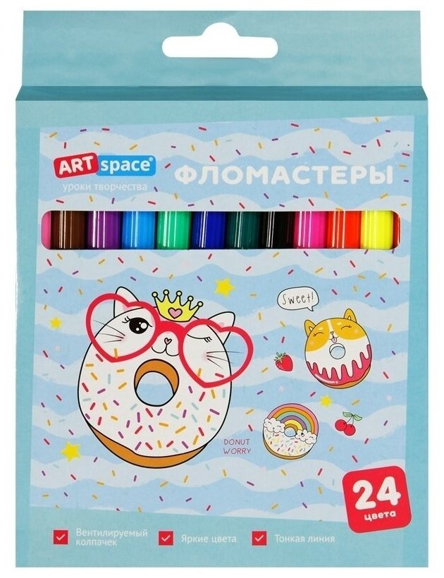 Фломастеры ArtSpace "Кот-сластена", 24 цвета, смываемые, картон, европодвес (WP24_27022)