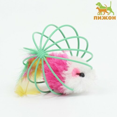 Игрушка Мышь в шаре с перьями, 6 см, зелёный шар 7806292 игрушка flamingo мышь в шаре для кошек