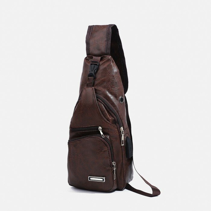 Рюкзак-слинг с USB, 17*6*35, отд на молнии, 2 н/кармана, т. коричневый 9484013