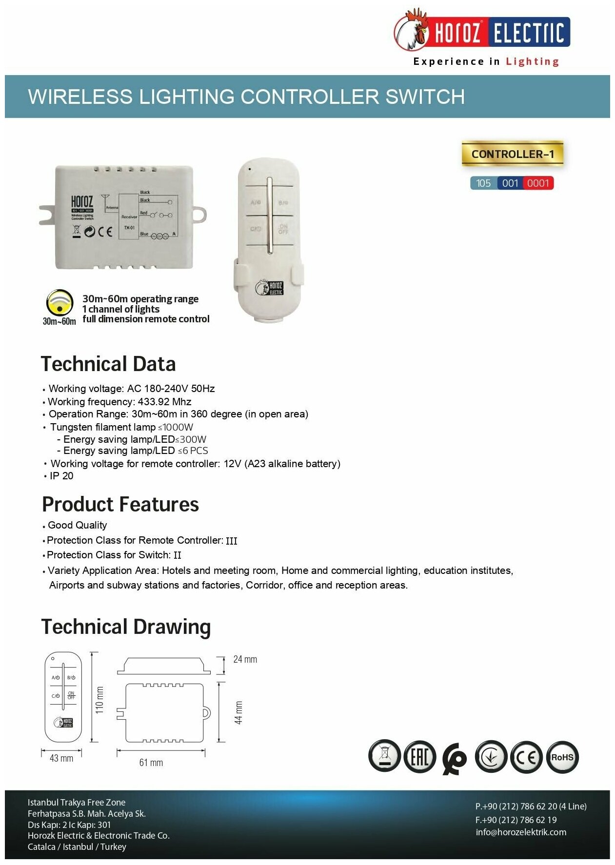 105-001-0001 SW 1 CH 180-250V Horoz Беспроводной контроллер CONTROLLER-1