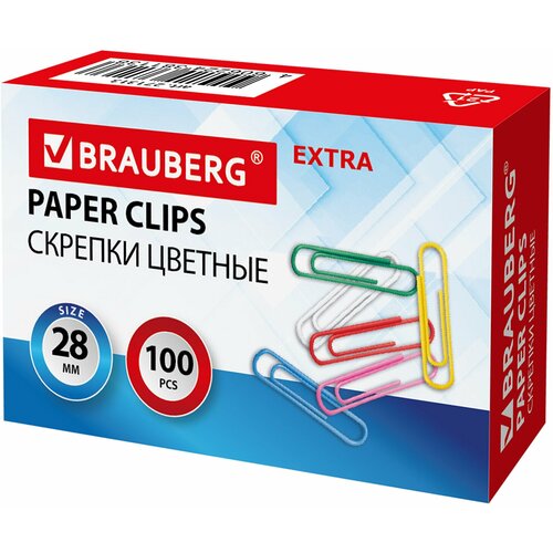 Скрепки EXTRA BRAUBERG 28 мм цветные 100 штук, 271313 В комплекте: 20шт.