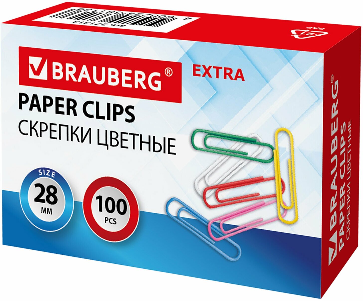 Скрепки EXTRA BRAUBERG 28 мм цветные 100 штук 271313