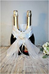 Лента на свадебные бутылки шампанского для молодоженов с розой и кружевом "Айвори"