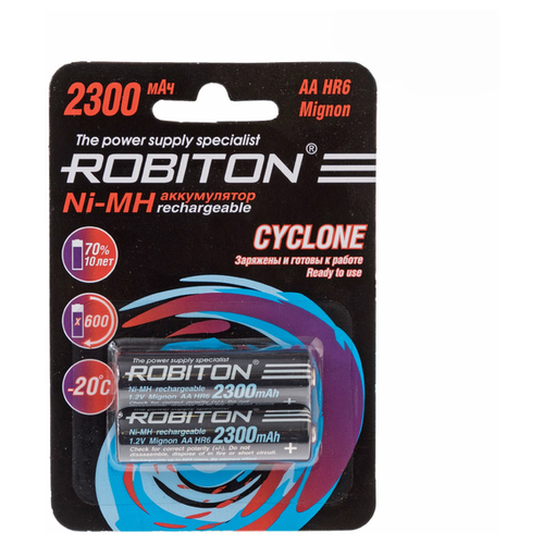 Аккумулятор Ni-Mh 2300 мА·ч 1.2 В ROBITON CYCLONE AA, в упаковке: 2 шт. аккумулятор robiton 1000nzaaa 2 ni zn aaa 1000мвтч 550мач bl2