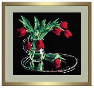 Фото Овен Цветной Вышивка крестом Тюльпаны на черном 35 х 32 см (318)