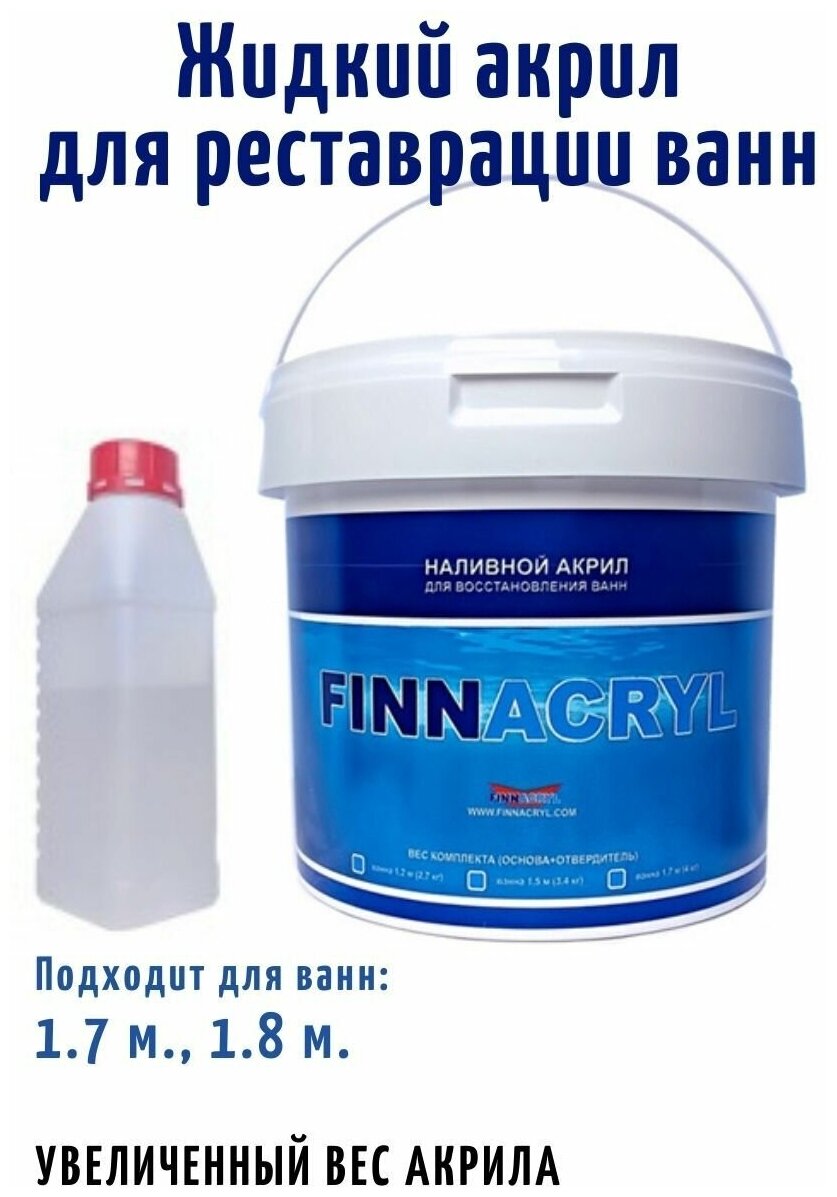 Жидкий акрил для ванн FINNACRYL акрил для реставрации ванны 1.7м. 1.8м (Увеличенный вес акрила) 3.6 кг белый