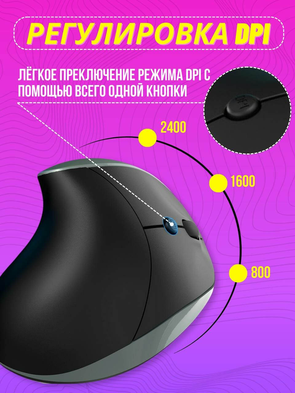 Вертикальная беспроводная, бесшумная мышка с встроенным аккумулятором, USB-приёмником, разрешением DPI 2400. — фото 1