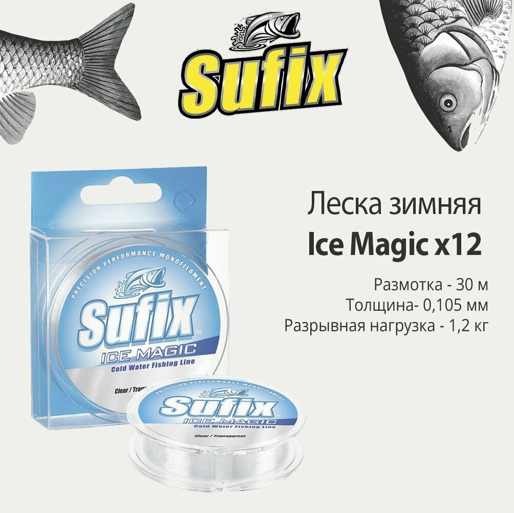 Леска зимняя SUFIX Ice Magic x12 прозрачная 30м 0.105мм 1,2кг