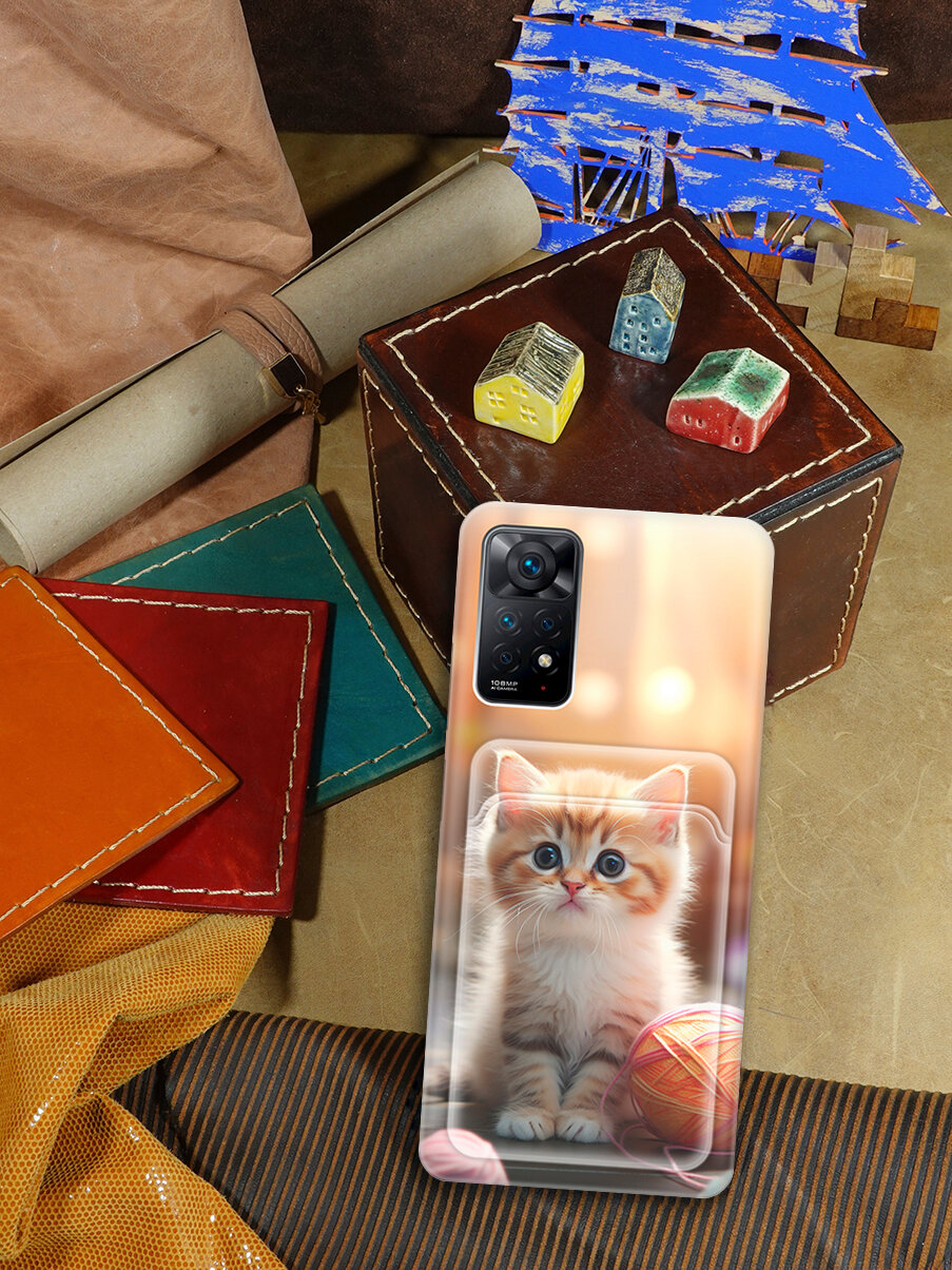 Силиконовый чехол на Xiaomi Redmi Note 11 Pro / Сяоми Редми Ноут 11 Про с рисунком "Котик и нитки" и карманом для карт — фото 1