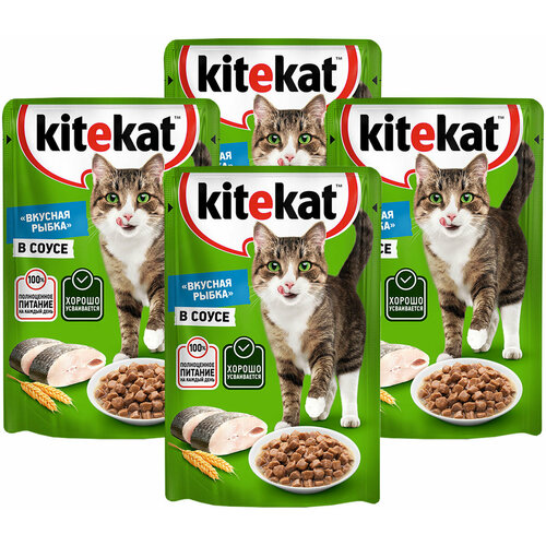 KITEKAT вкусная рыбка для взрослых кошек с рыбой в соусе пауч 85 гр (85 гр х 4 шт)