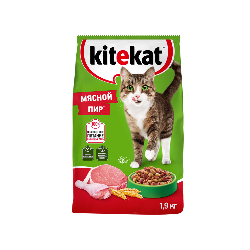 Сухой полнорационный корм KITEKAT для взрослых кошек «Мясной Пир», 4 шт по 1.9 кг — фото 1