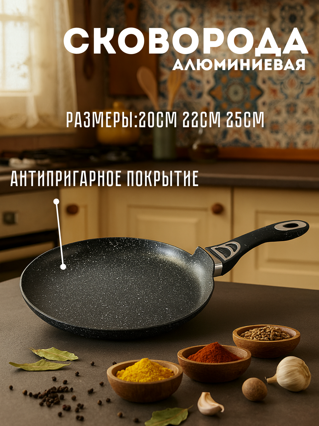 Сковорода блинная антипригарная WELLHOME BAROLY 10B-P-20, диаметр 20 см, гранитное покрытие, лёгкая